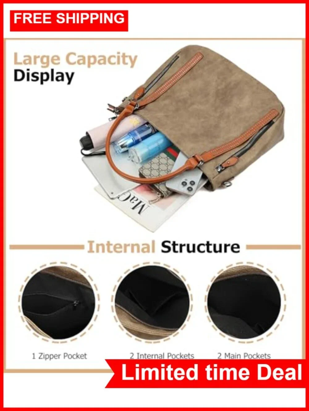 Vintage Slouchy Tote Bag for Women, Large Vegan Leather Hobo Shoulder Bag with